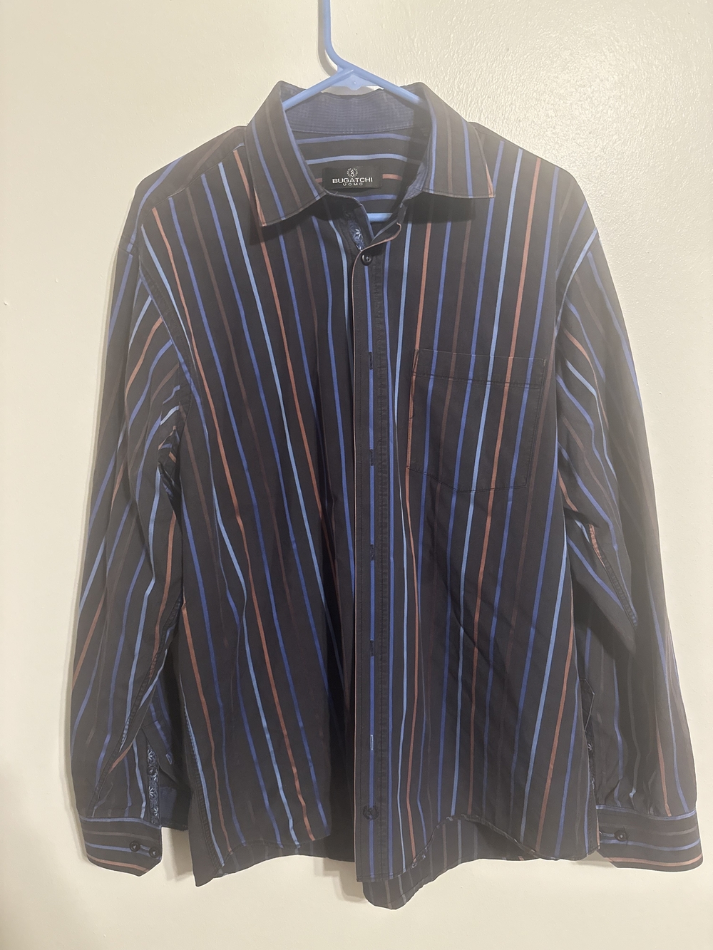 Bugatchi Uomo Brown Shirt with Blue and Tan Stripes